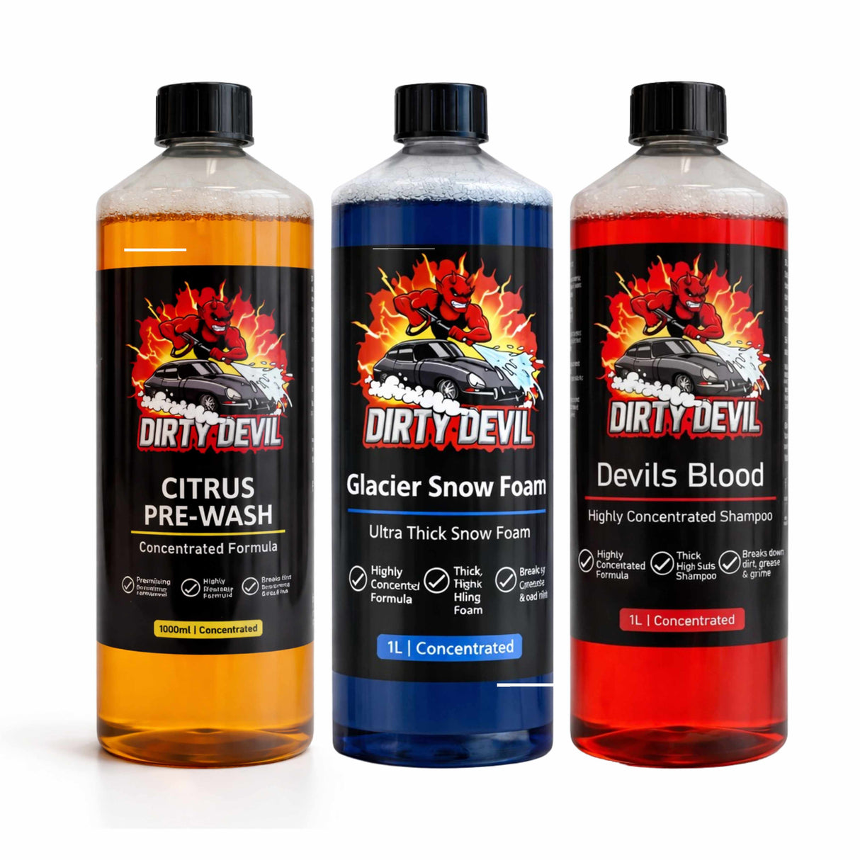 DIRTY DEVIL Ultimate 3-Stage Wash Bundle 3 x 1L - Citrus Pre-Wash, Snow Foam & Shampoo