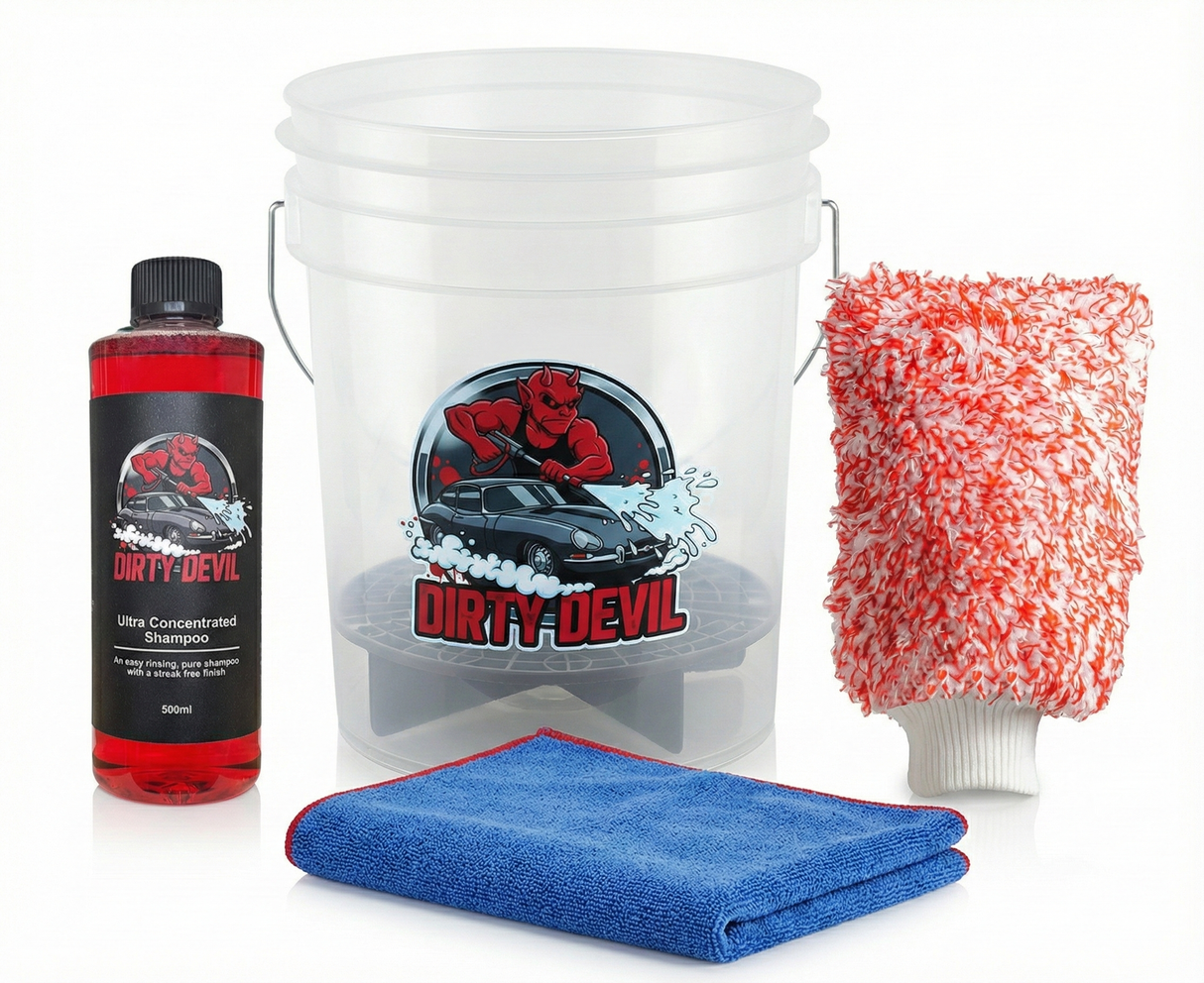 DIRTY DEVIL Premium Car Wash Kit – Ultra Concentrated Shampoo, 20L Clear Wash Bucket with Dirt Shield, Microfibre Wash Mitt & Drying Towel