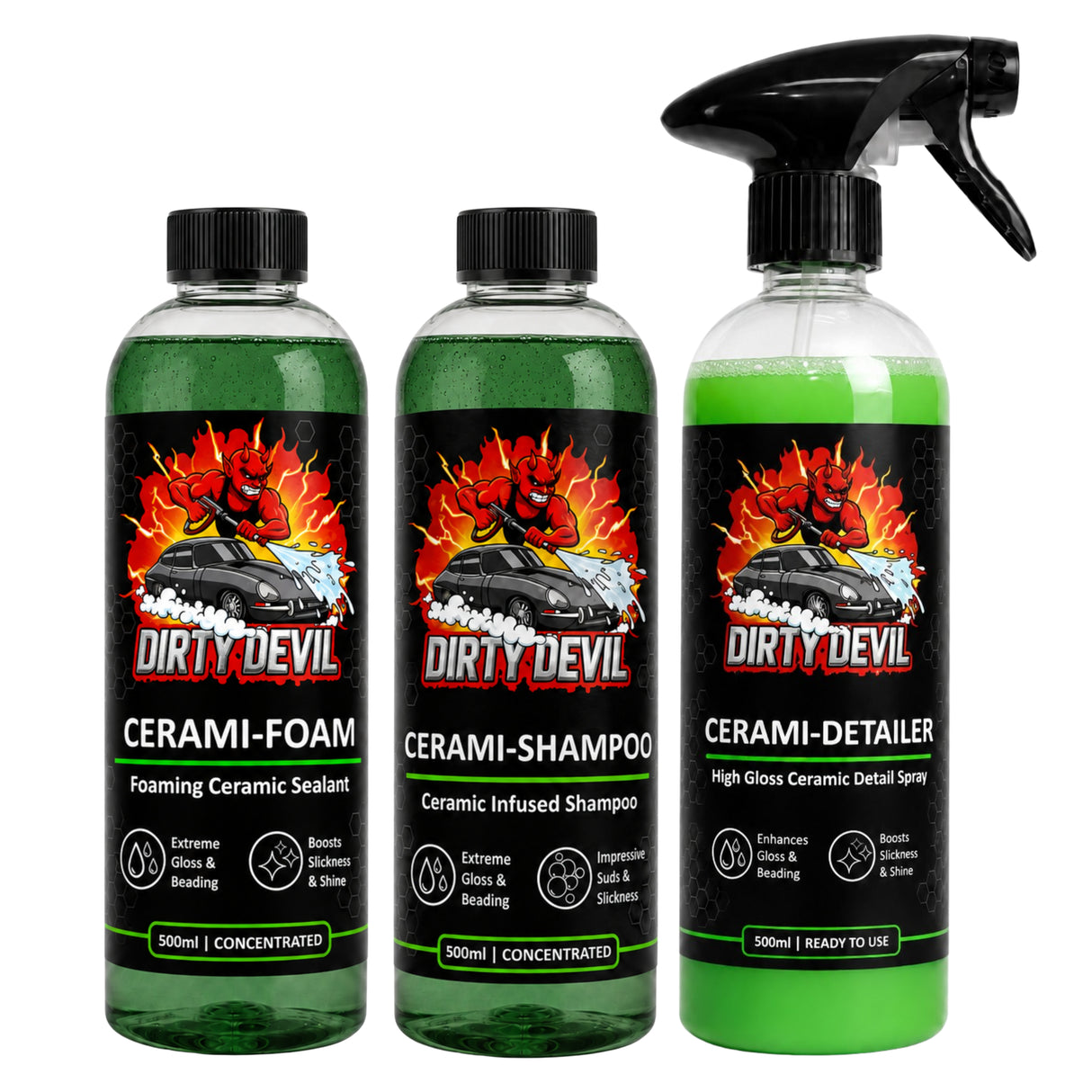 DIRTY DEVIL 3 Piece Cerami-Kit 500ml - Cerami-Shampoo & Cerami-Foam & Cerami-Detailer