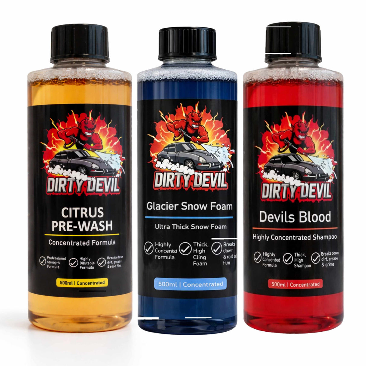 DIRTY DEVIL Ultimate 3-Stage Wash Bundle 3 x 500ML - Citrus Pre-Wash, Snow Foam & Shampoo