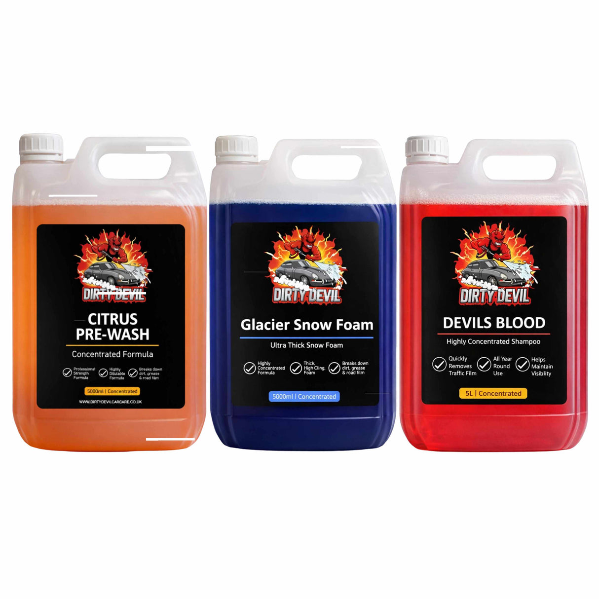 DIRTY DEVIL Ultimate 3-Stage Wash Bundle 5L - Citrus Pre-Wash, Snow Foam & Shampoo