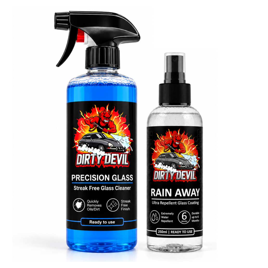 DIRTY DEVIL Precision Glass & Rain Away Kit – Car Glass Cleaner & Windscreen Rain Repellent